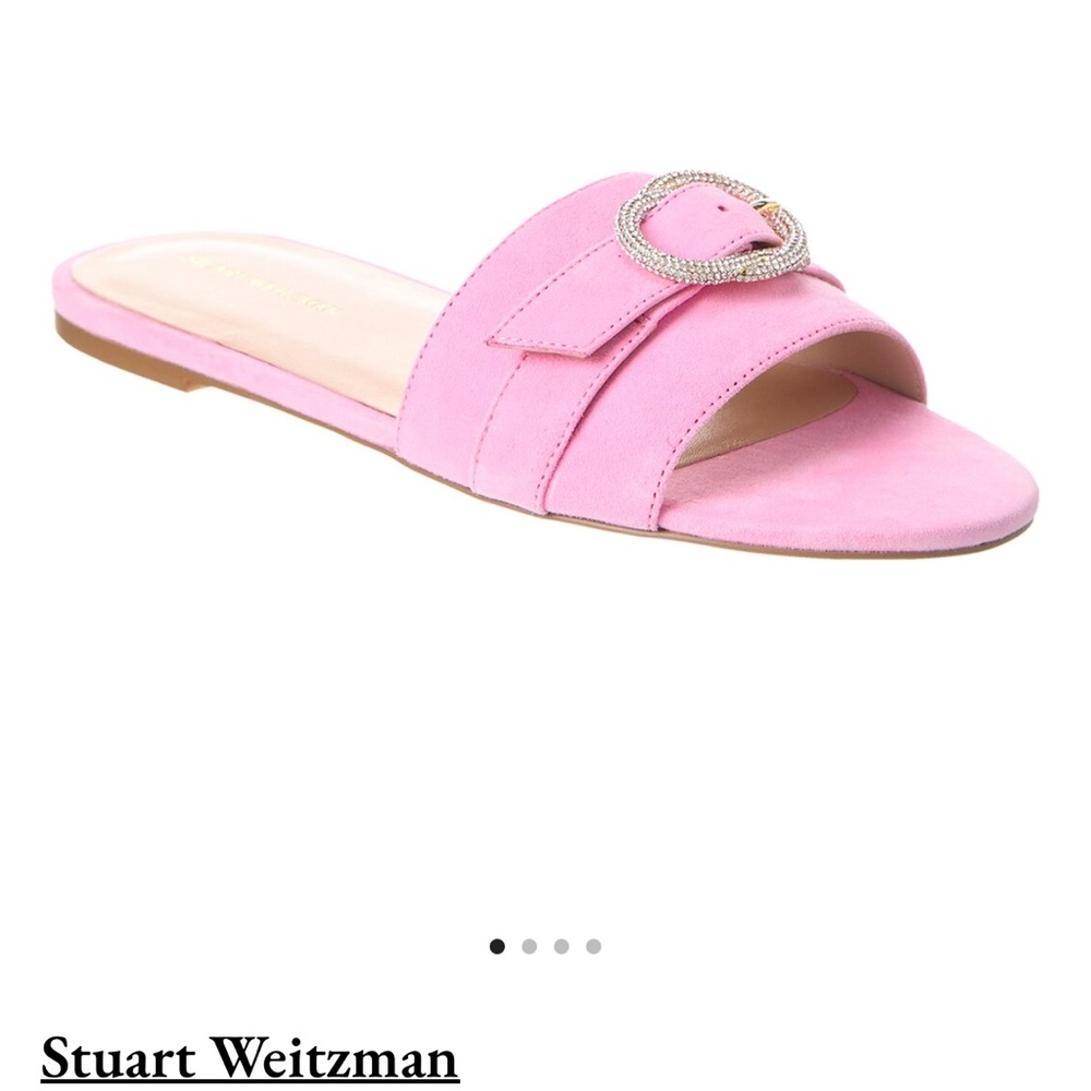 Stuart Weitzman pink suede slides with adorable jeweled buckle.  Size 8